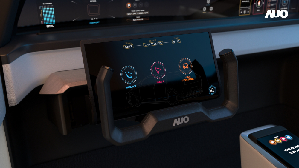 OD体育隐藏式智驾介面Foldable Cruise Pilot在手动驾驶模式下可以半收合呈现如里程、时速等信息；自驾模式时则可以完全展开提供车内娱乐功能